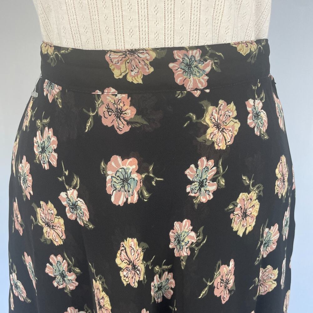 Y2K Mini Skirt Medium Black Pink Floral Flirty Asymmetrical Chiffon Feminine - Picture 2 of 13